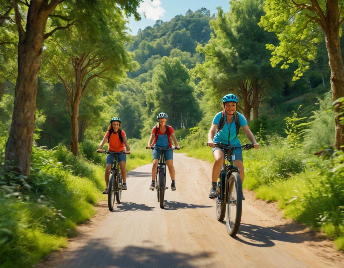 A lively scene featuring diverse electric cyclists joyfully navigating a scenic outdoor trail, surrounded by lush greenery and hills. Include various e-bike styles, riders of different ages and backgrounds, all wearing bright, sporty gear. Capture the sense of community with smiles and shared moments, emphasizing the thrill of adventure and sustainability. super-realistic. vibrant colors. dynamic perspective.