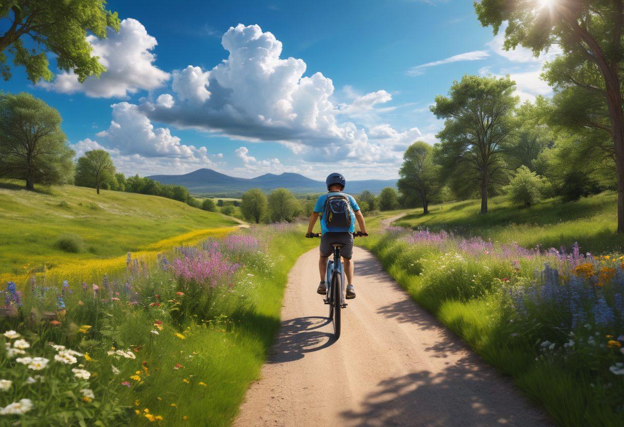A dynamic scene showcasing an electric bicycle cruising through a lush, green landscape filled with wildflowers and trees. In the background, a winding path leads to a bright blue sky dotted with fluffy clouds. Include a rider wearing a helmet and a backpack, embodying adventure and eco-friendly commuting. Add a charging station with solar panels nearby. super-realistic. vibrant colors. outdoor setting.