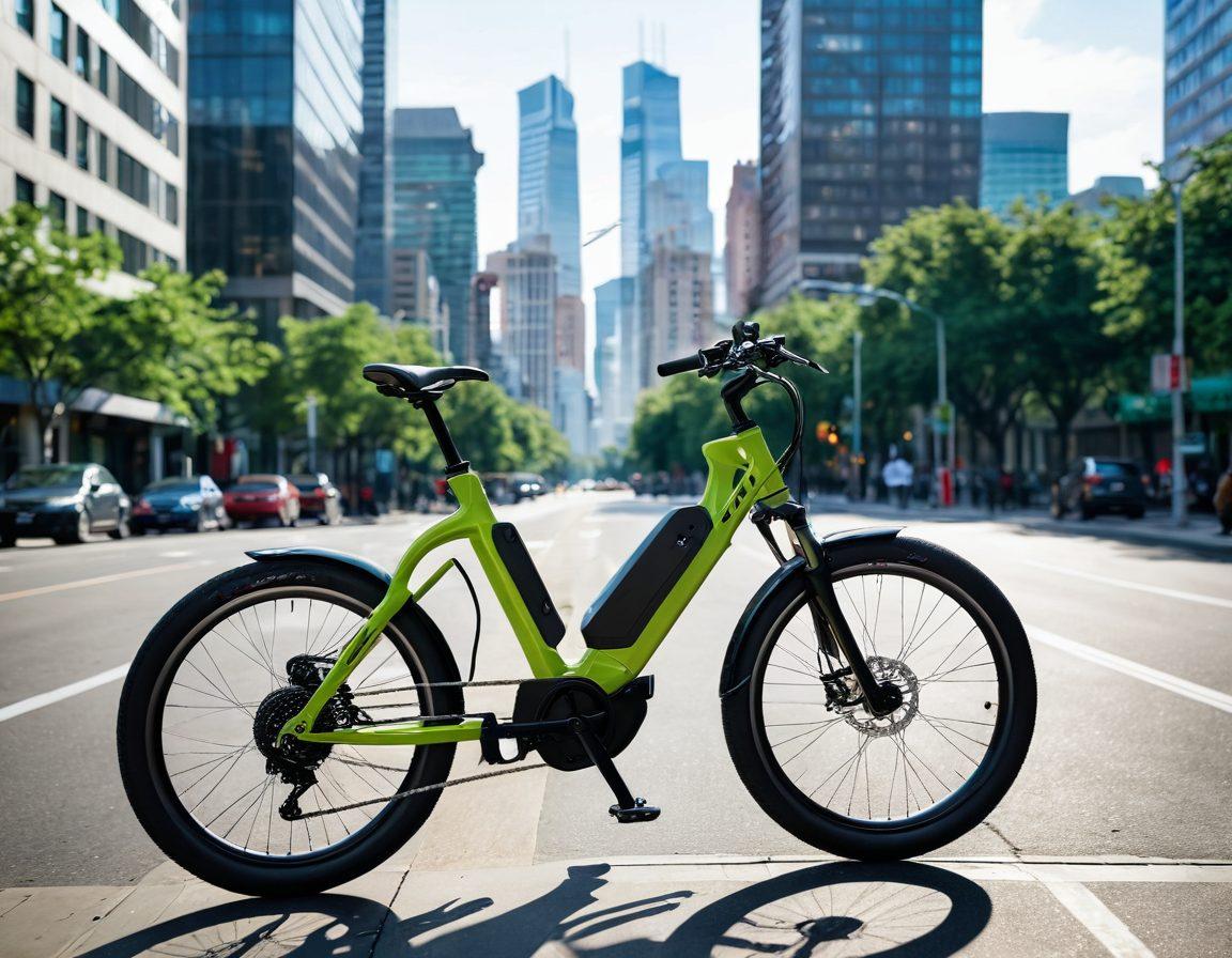 A dynamic scene showcasing an electric bicycle transitioning from a bustling city street filled with tall buildings and vibrant street life to a serene scenic trail featuring lush greenery and mountains in the background. The bicycle should be highlighted, emphasizing its versatility with features like a sleek design and battery pack. The overall atmosphere should convey a sense of adventure and freedom. super-realistic. vibrant colors. 3D.